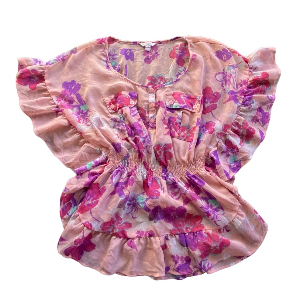 {Candies} Floral Sheer Ruffle Sleeve Elastic Waist Blouse